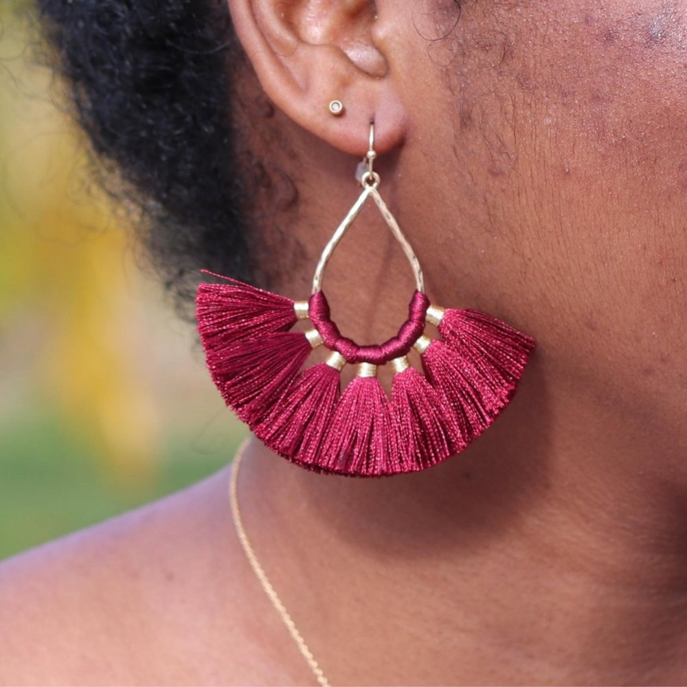 Burgundy Fan Tassel Earring